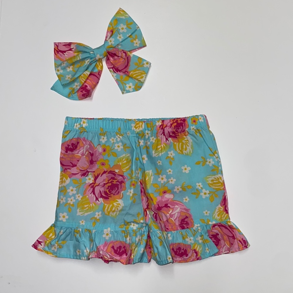 Blue and pink floral shorts with matching bow